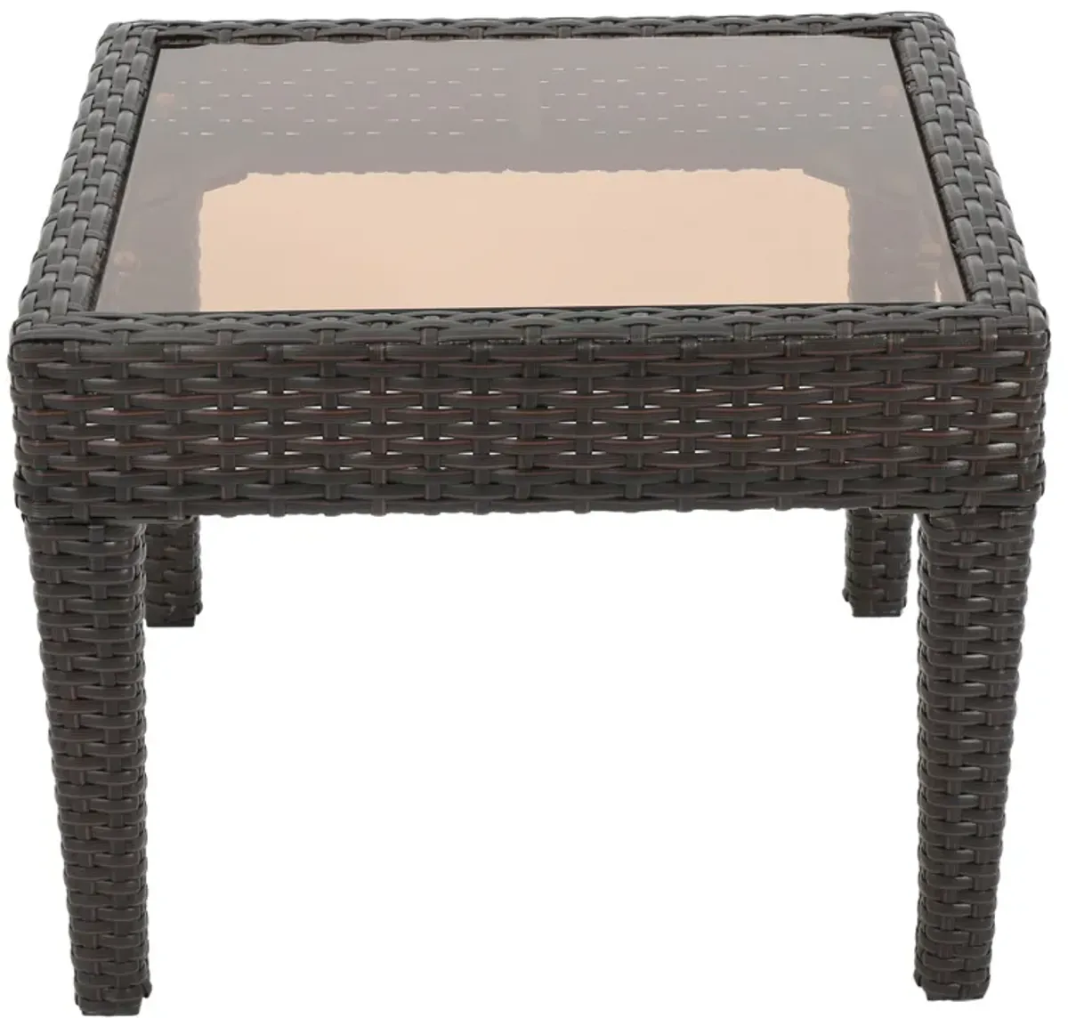 Annie Outdoor Accent Table, Square Tempered Glass 20 Inch Brown Wicker - Benzara