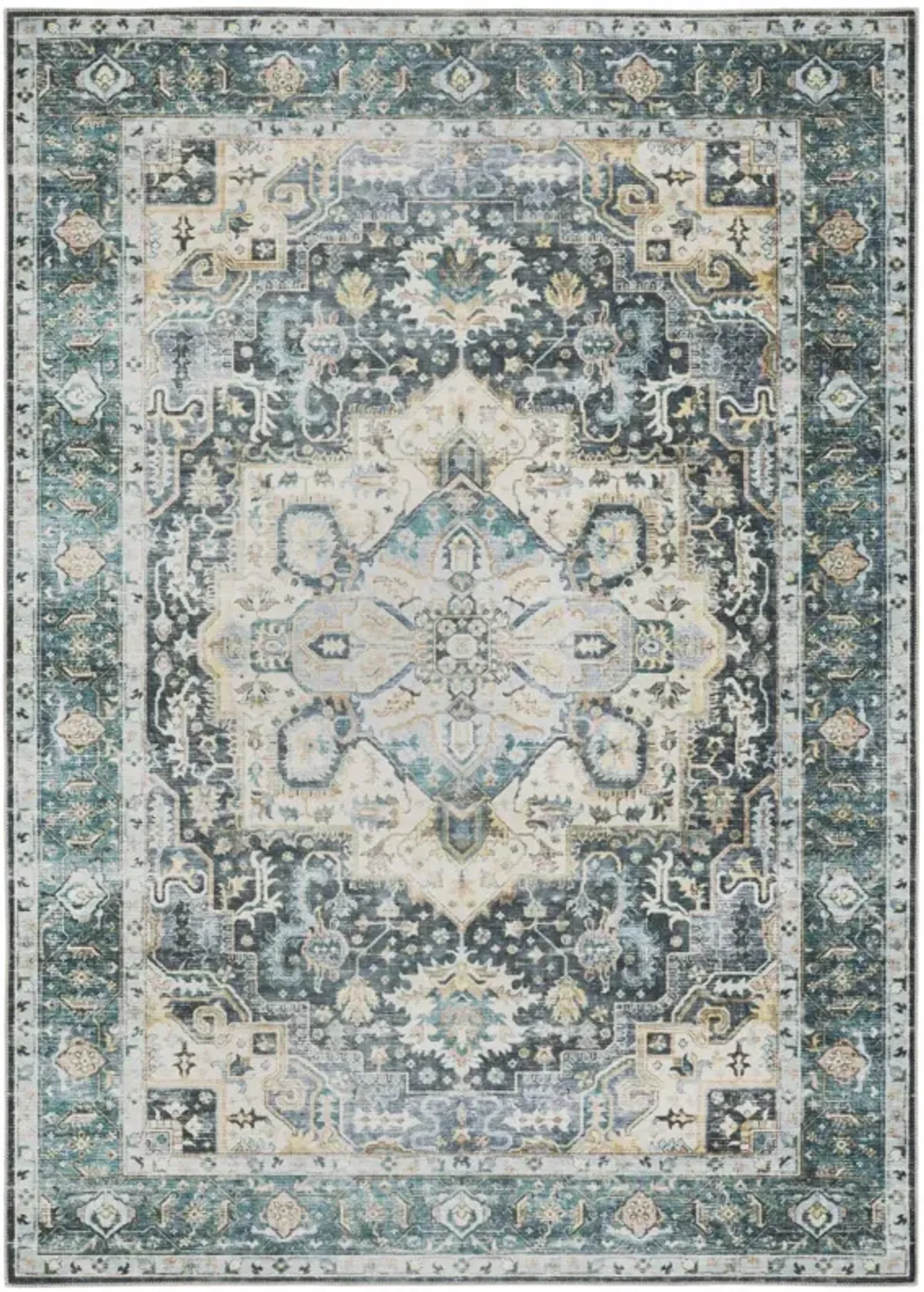 4 X 6 Blue Ivory Teal Brown And gold Oriental Printed Stain Resistant Non Skid Area Rug