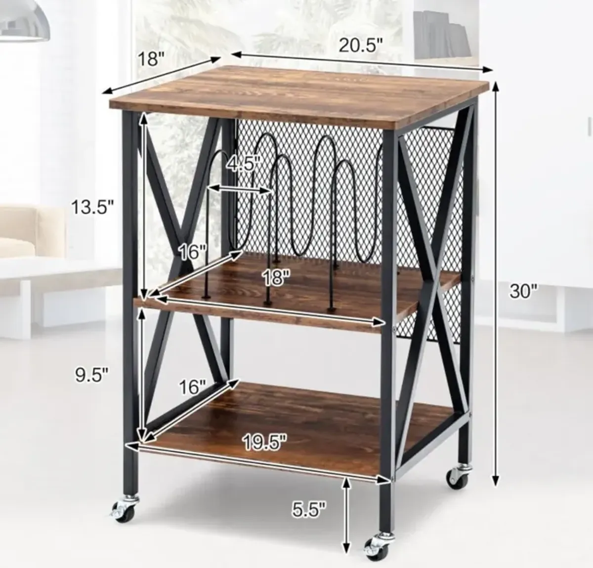 Hivvago 3 Tiers Vintage Style Rolling End Table with 3 Dividers for Albums-Brown