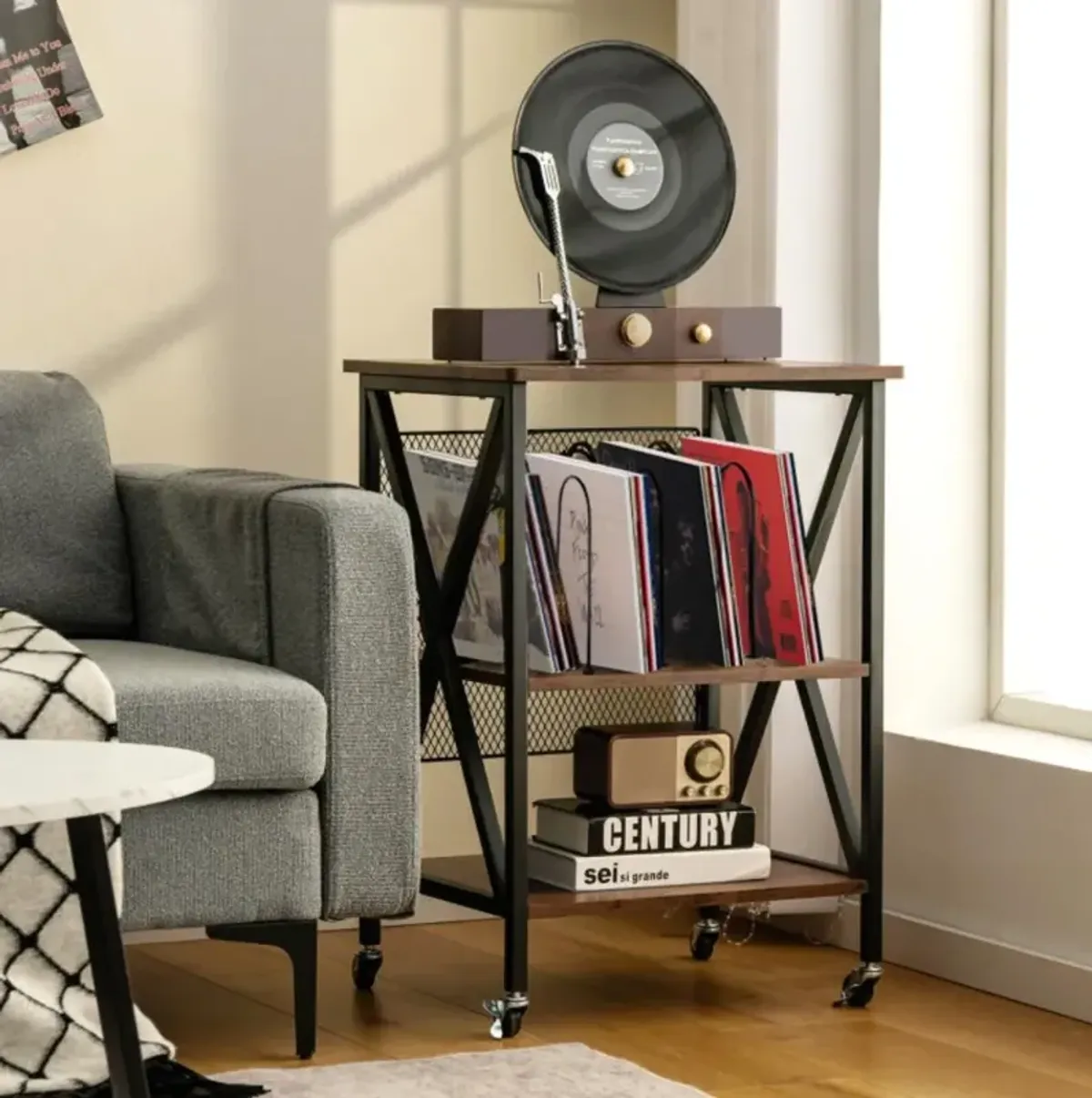 Hivvago 3 Tiers Vintage Style Rolling End Table with 3 Dividers for Albums-Brown
