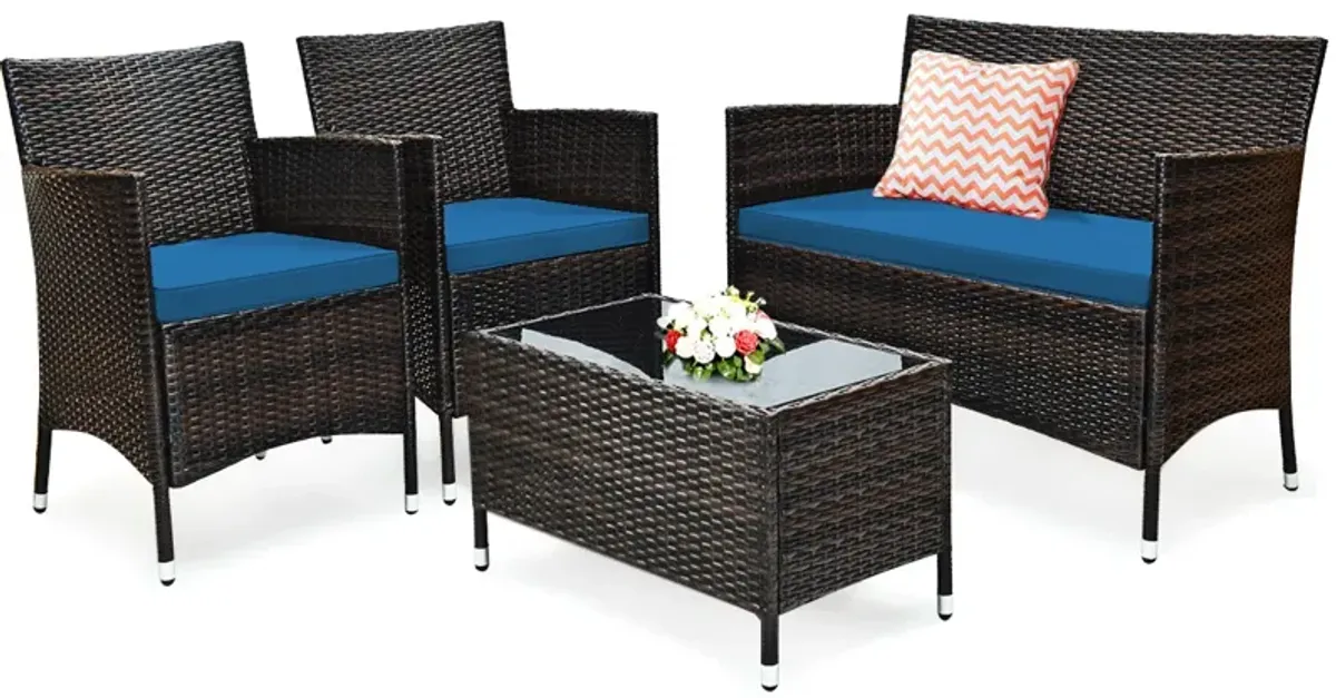 4 Pieces Comfortable Outdoor Rattan Sofa Set with Glass Coffee Table