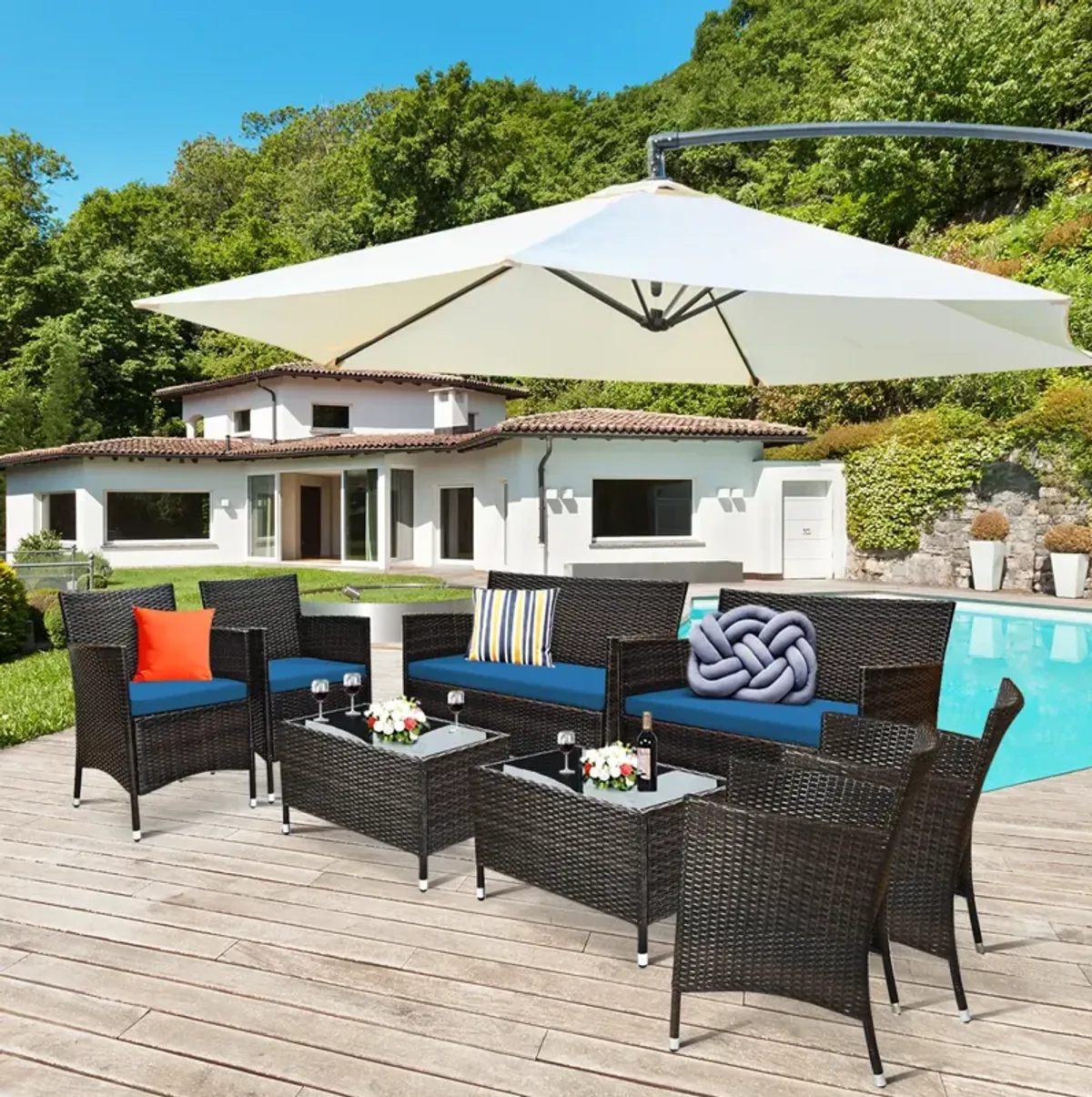 4 Pieces Comfortable Outdoor Rattan Sofa Set with Glass Coffee Table