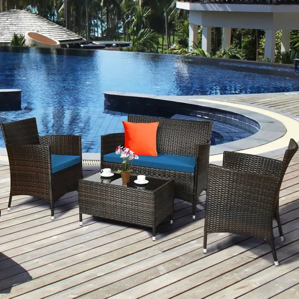 4 Pieces Comfortable Outdoor Rattan Sofa Set with Glass Coffee Table