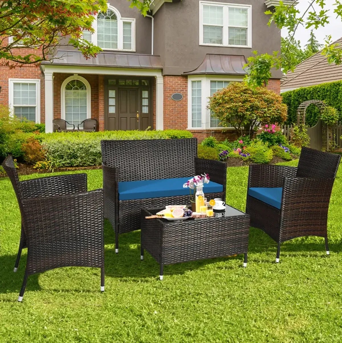 4 Pieces Comfortable Outdoor Rattan Sofa Set with Glass Coffee Table