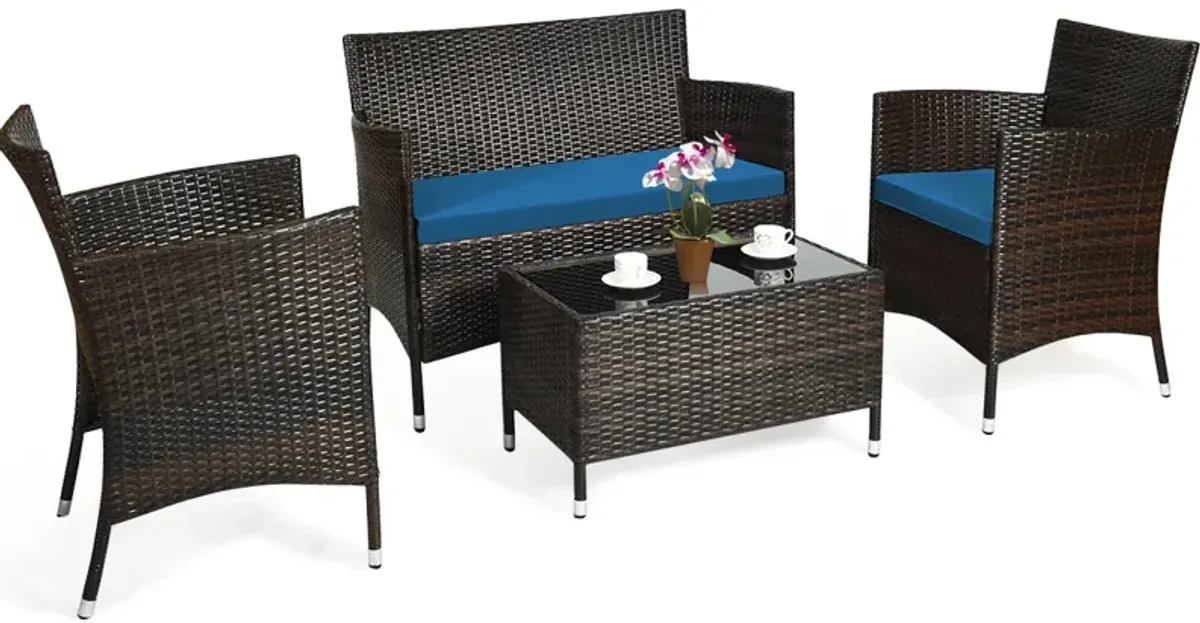 4 Pieces Comfortable Outdoor Rattan Sofa Set with Glass Coffee Table