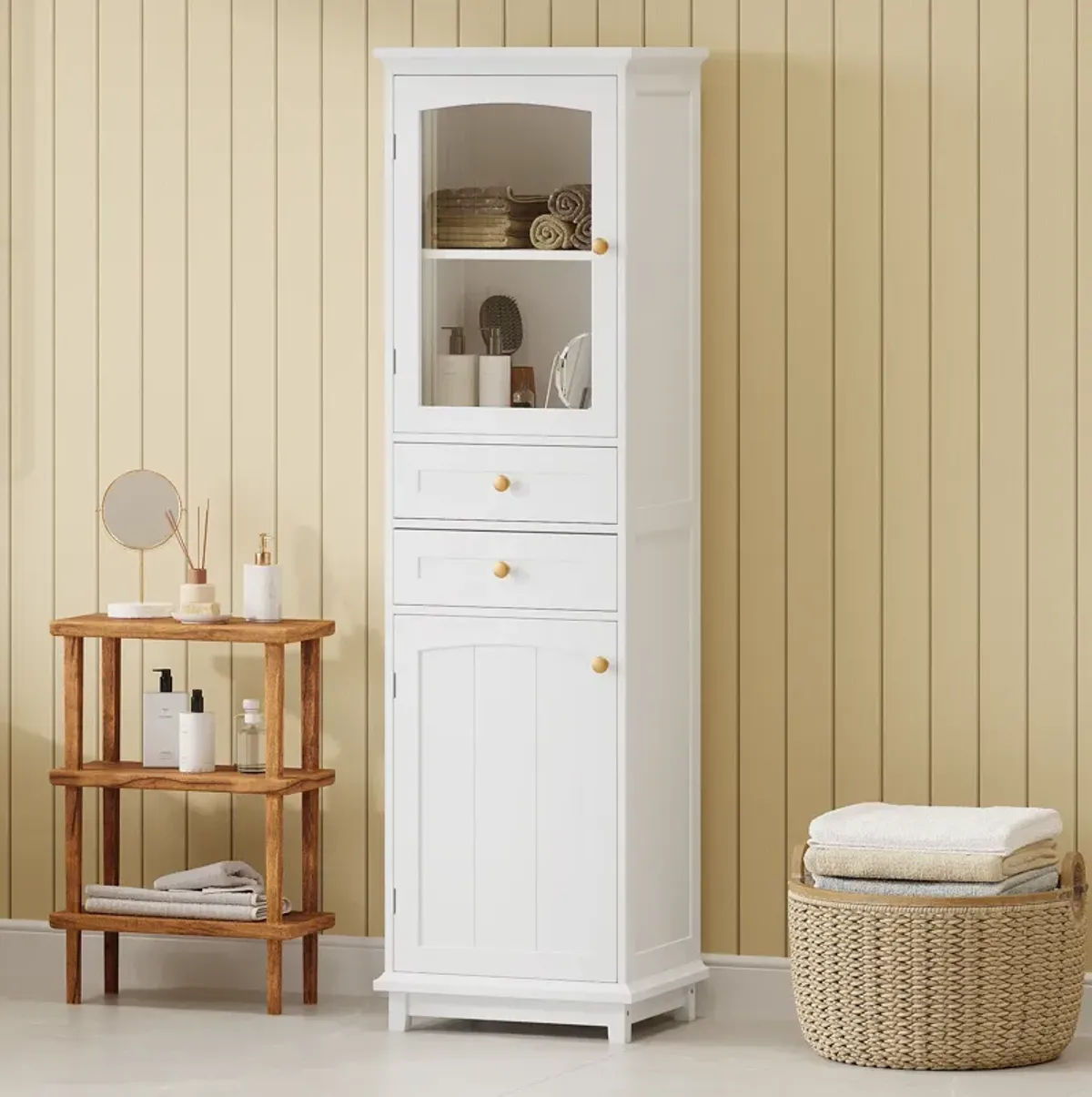 Merax Tall Bathroom Storage Cabinet with Glass Doors