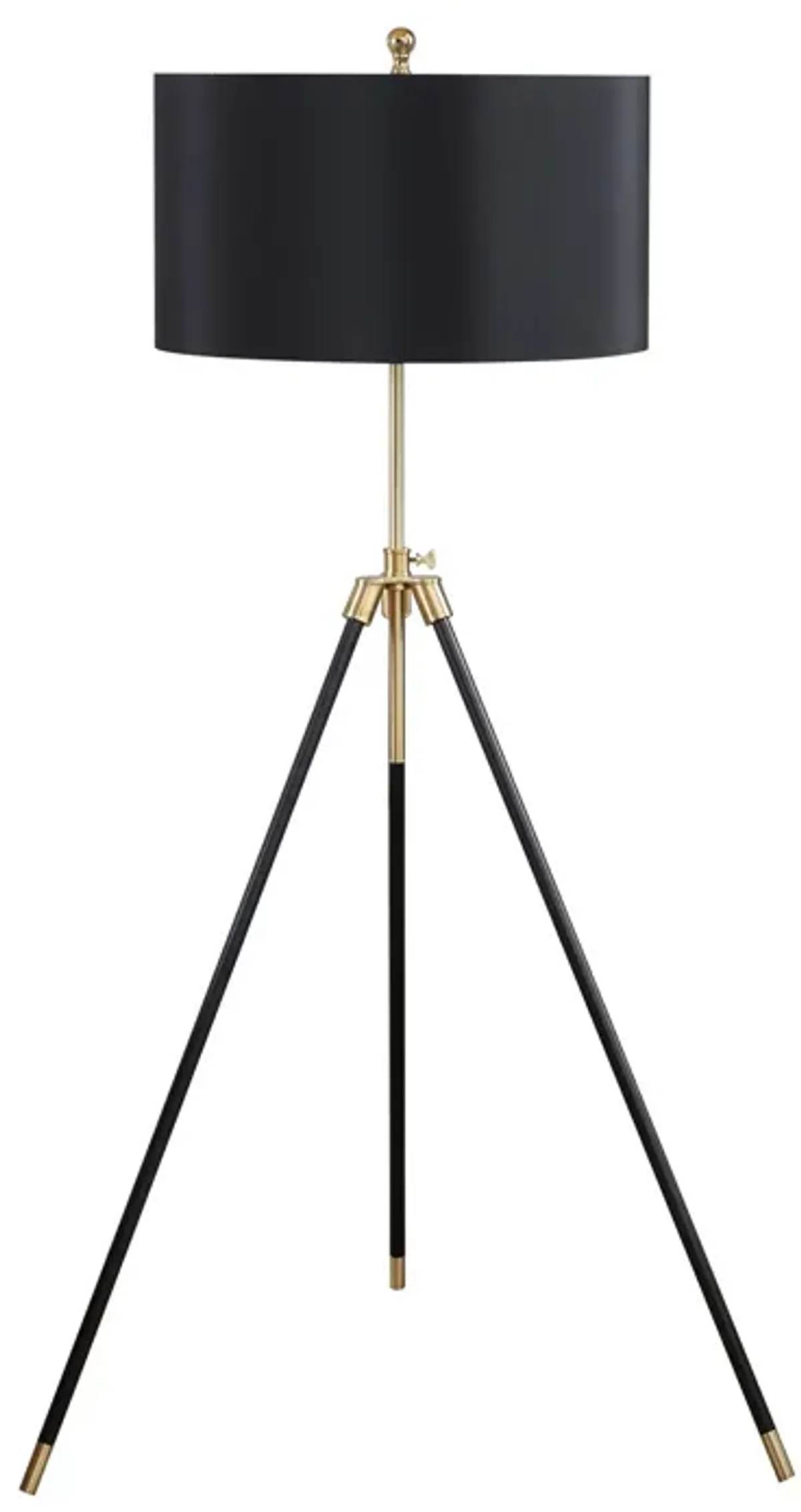 Floor Lamp with Drum Shade and Sleek Metal Tripod Legs, Black and Gold-Benzara