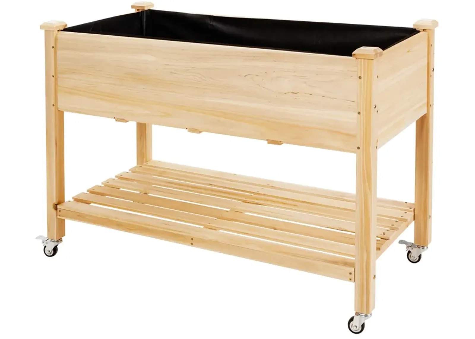 Wood Elevated Planter Bed with Lockable Wheels Shelf and Liner