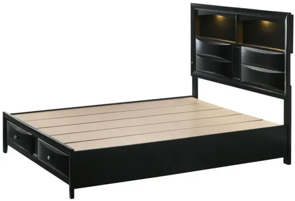 Benjara Flash Queen Size Bed, 2 Storage Drawers, Shelves, Black Wood, LED Headboard