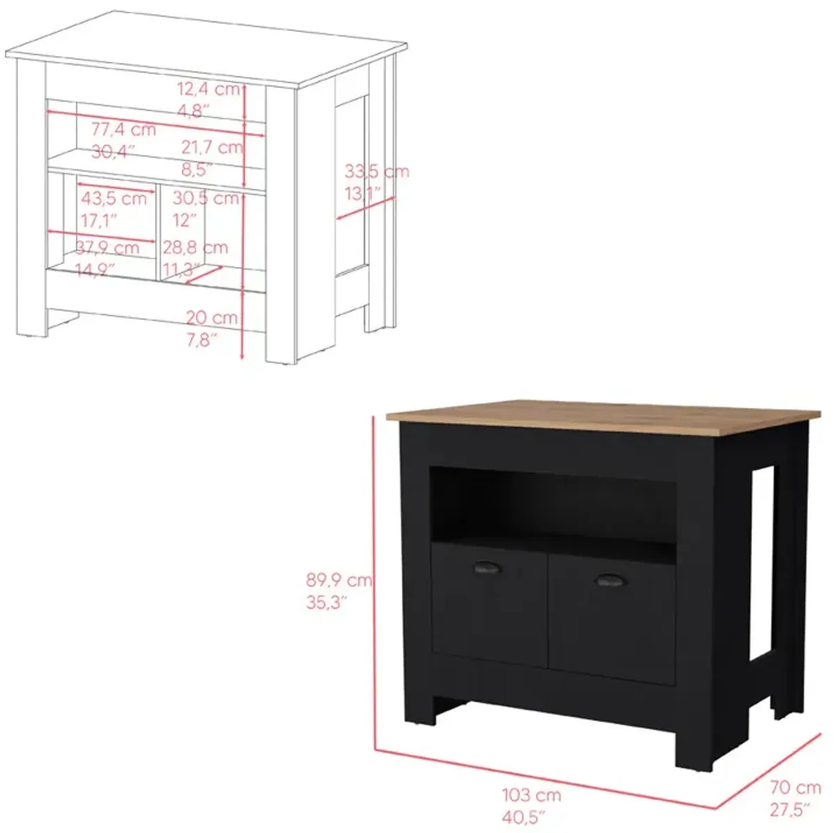 Kitchen Island Geneva, Kitchen, Black / Macadamia