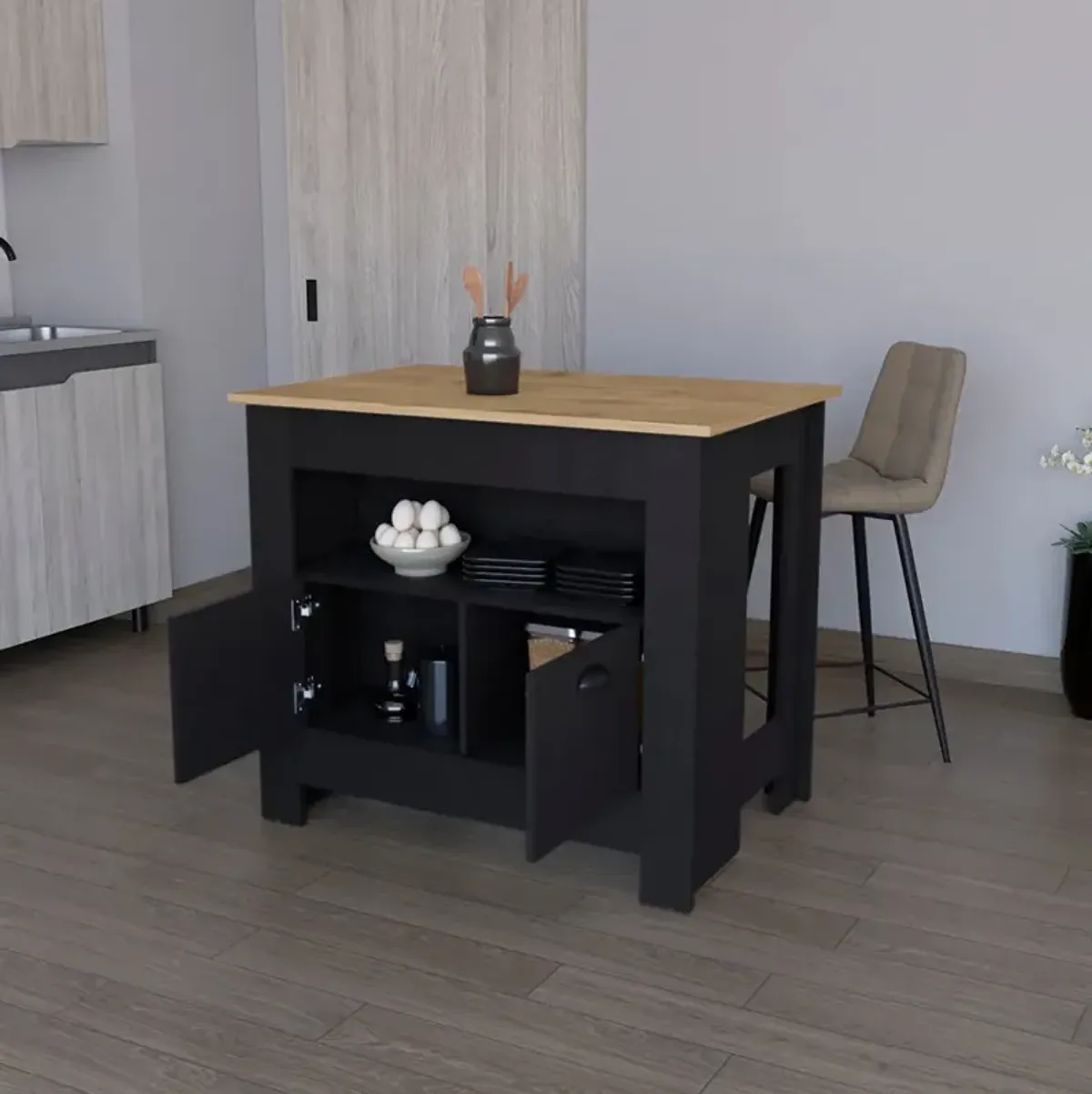 Kitchen Island Geneva, Kitchen, Black / Macadamia