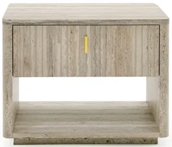 Fly 32 Inch Nightstand, 1 Drawer, 1 Sleek Gold Handle, Travertine Gray - Benzara
