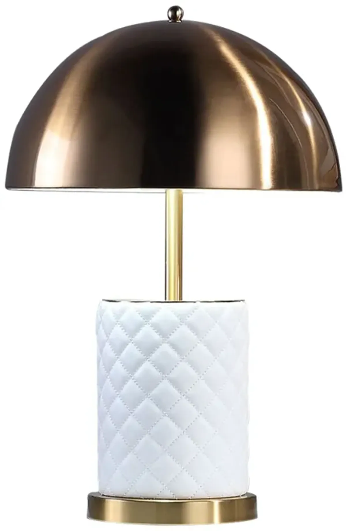 Aria 21 Inch Table Lamp, Dome Shade, Round Base, White Faux Leather, Brass-Benzara
