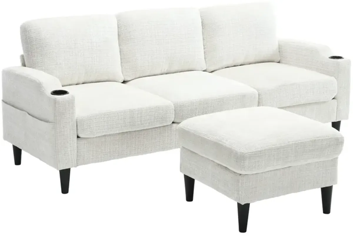 Sofa for three, solid wood frame, Chenille fabric, side pocket, with two cup holders, footstool with storagestorage sofa /Living room sofa cozy sectional sofa