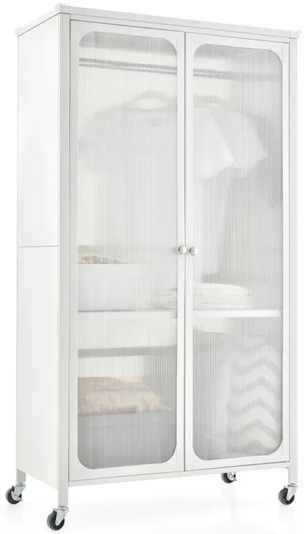 Rolling Storage Armoire Closet with Hanging Rod and Adjustable Shelf-White
