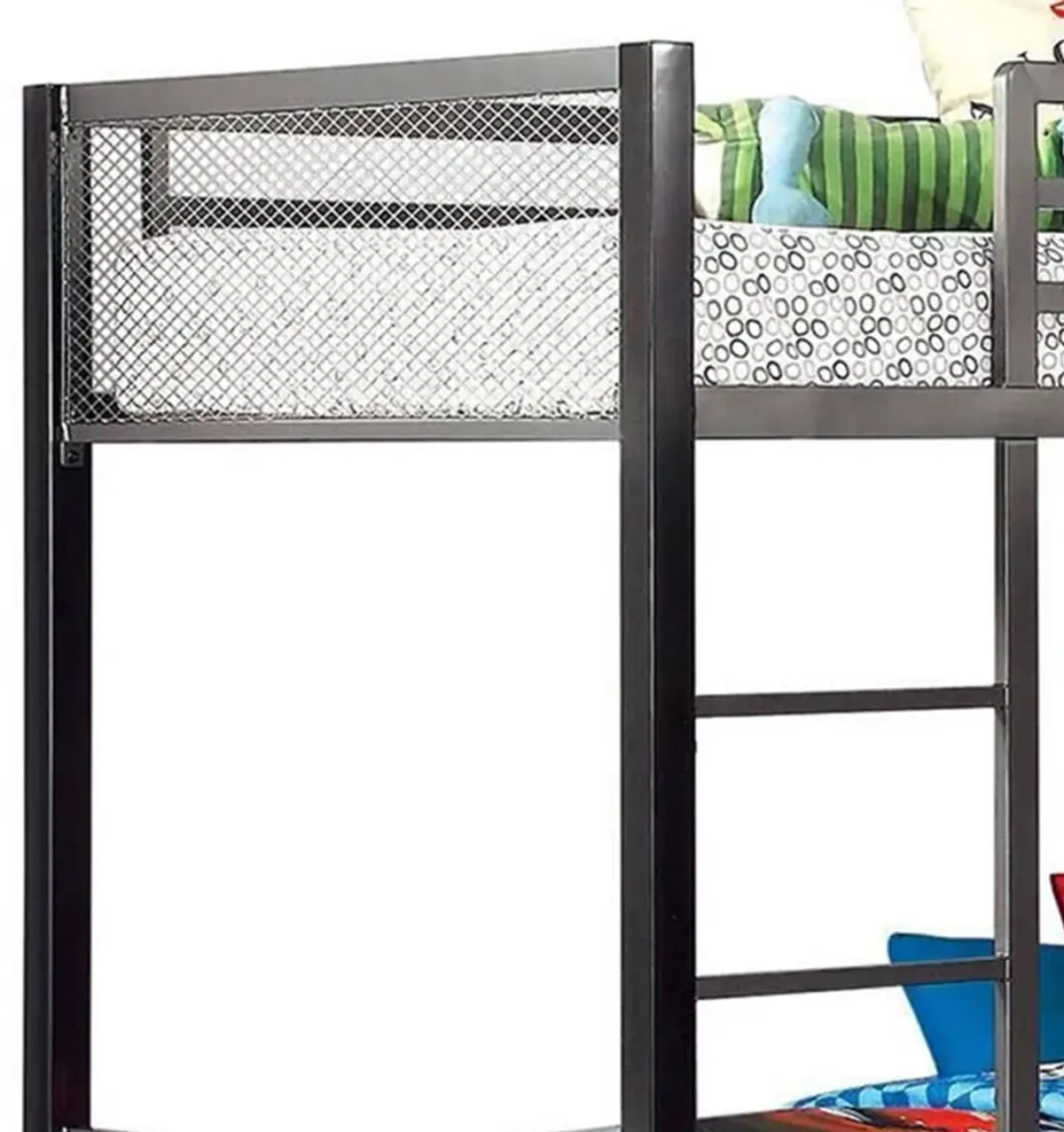 Benjara Triple Twin Size Bunk Beds with Desk and Ladders, Silver Metal Frame