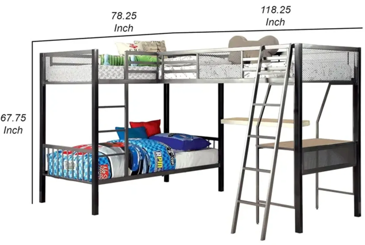 Benjara Triple Twin Size Bunk Beds with Desk and Ladders, Silver Metal Frame