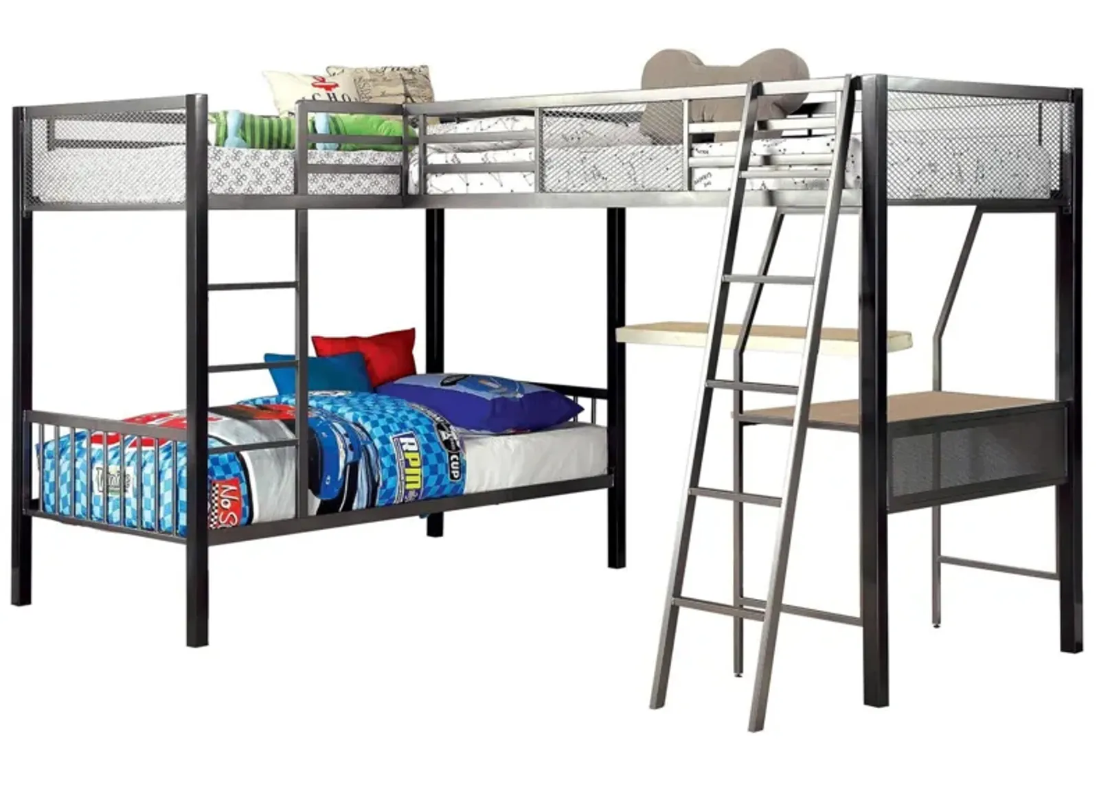 Benjara Triple Twin Size Bunk Beds with Desk and Ladders, Silver Metal Frame