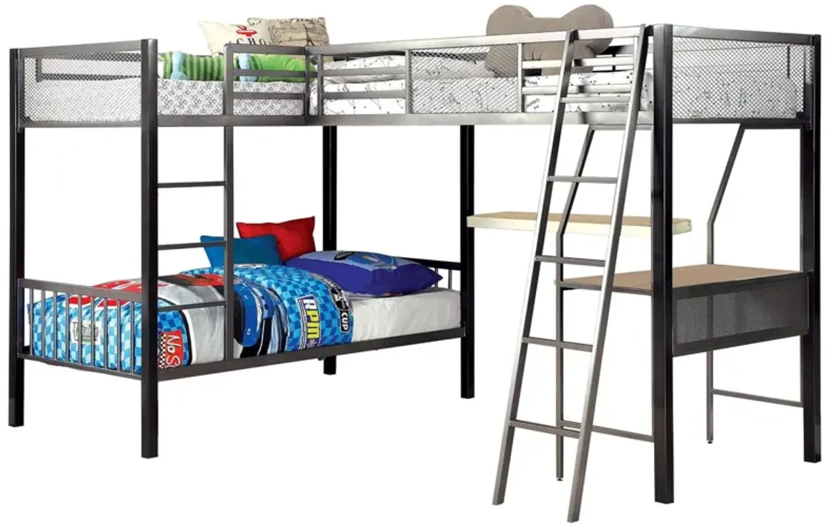 Benjara Triple Twin Size Bunk Beds with Desk and Ladders, Silver Metal Frame