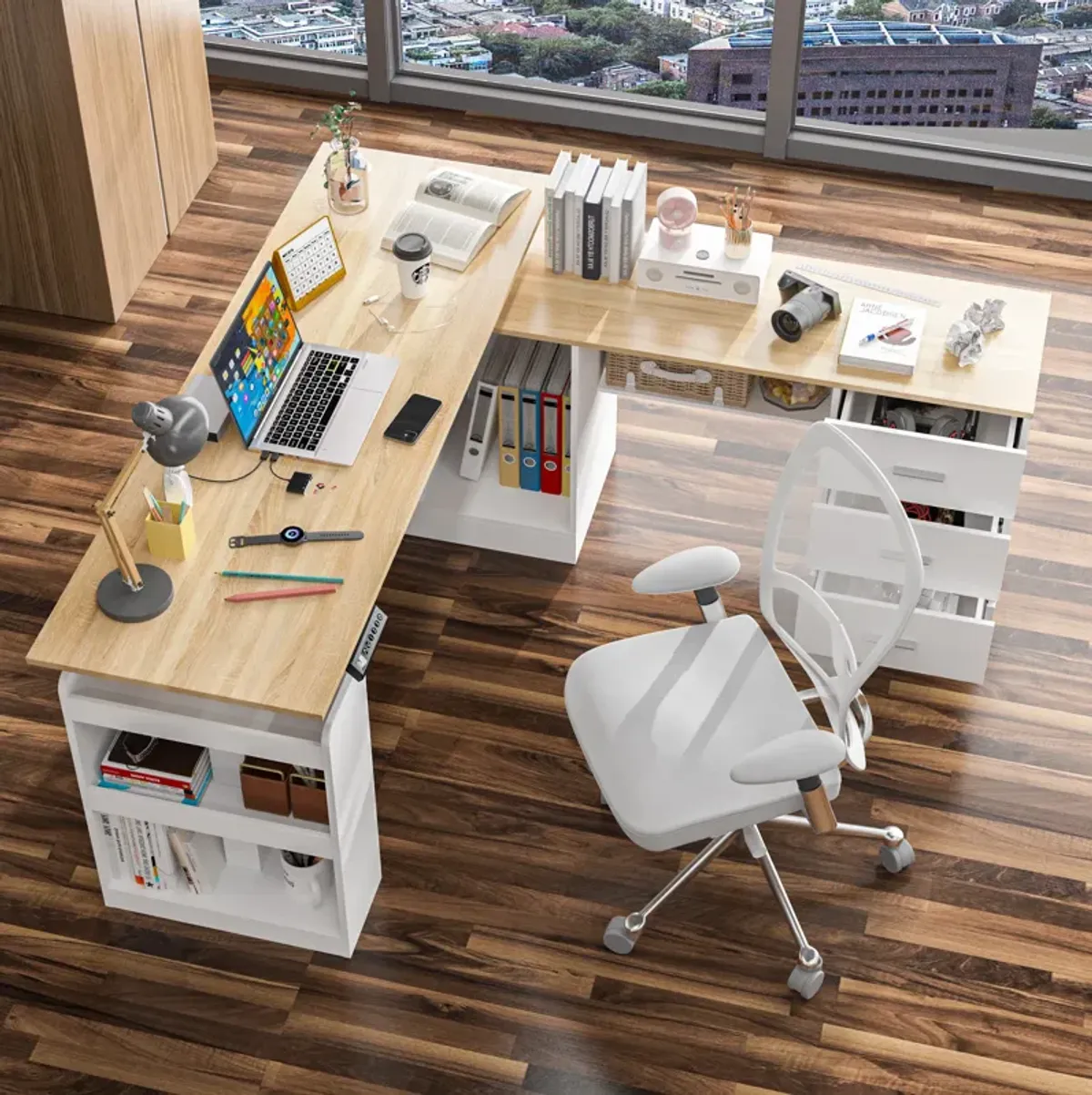FUFU&GAGA L-Shaped Height Adjustable Standing Desk with Memory Preset Controller, Ergonomic Sit-Stand Home Office Desk (63 in. L x 63 in. W x 28.4–45.8 in. H), White