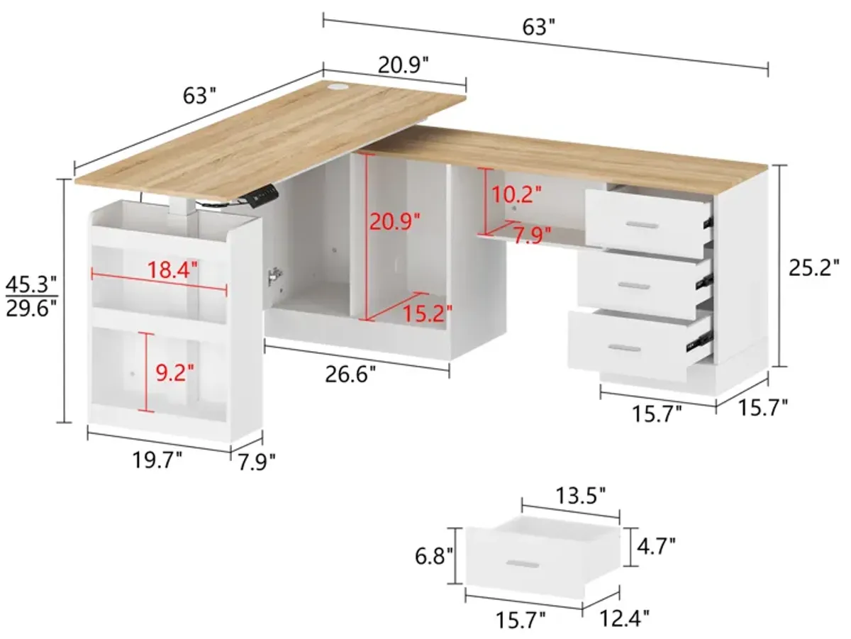 63 in. W L- Shaped Adjustable Height Desk Ergonomic Stand Up Desk White Home Office Sit With Memory Preset Controller