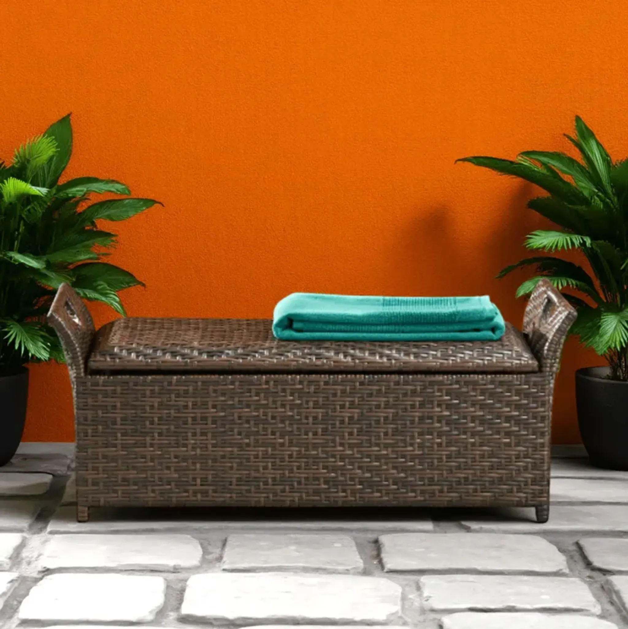 Outdoor Bench with Hinged Lid Storage, 42 Inch Dark Brown PE Rattan ...