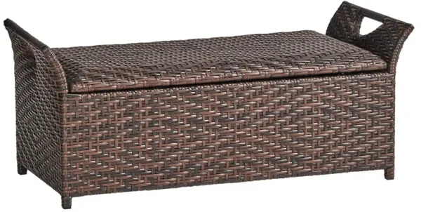 Outdoor Bench with Hinged Lid Storage, 42 Inch Dark Brown PE Rattan - Benzara
