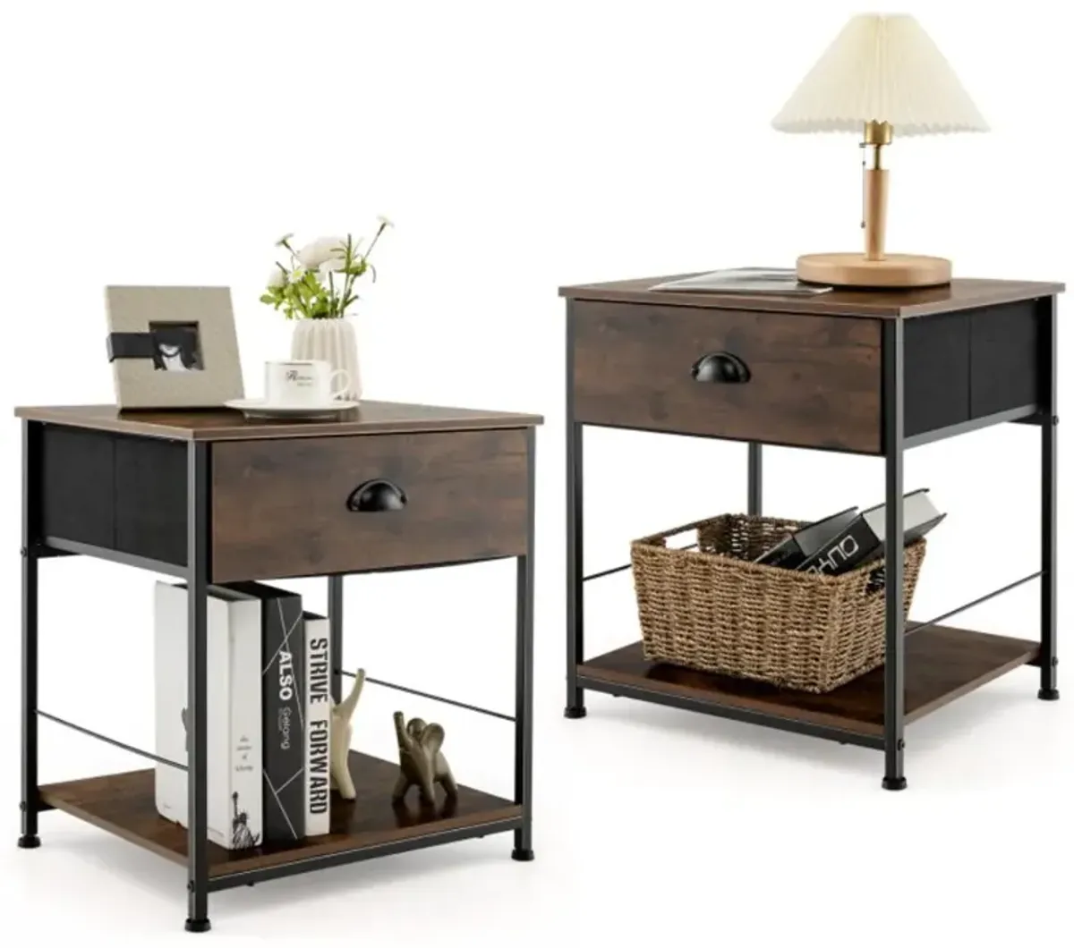 Hivvago Brown 2-Tier Nightstand with Open Shelving for Living Room and Bedroom - Set of 2