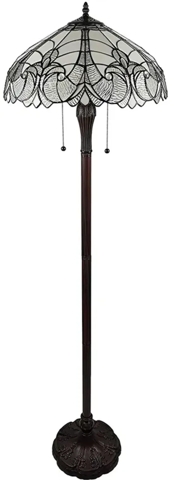Hivvago 62" Dark Brown Two Light Torchiere Floor Lamp With White Fleur de Lis Glass Dome Shade