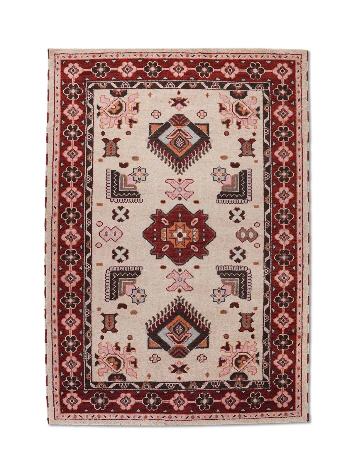 RUGSOTIC CARPETS HAND KNOTTED WOOL & SILK ECO-FRIENDLY ORIENTAL AREA RUGS  - 6'x9', Rectangle Shape, Cream Red Color, Classic Oriental Traditional , Low Pile Handmade Area Rugs (AF0121)