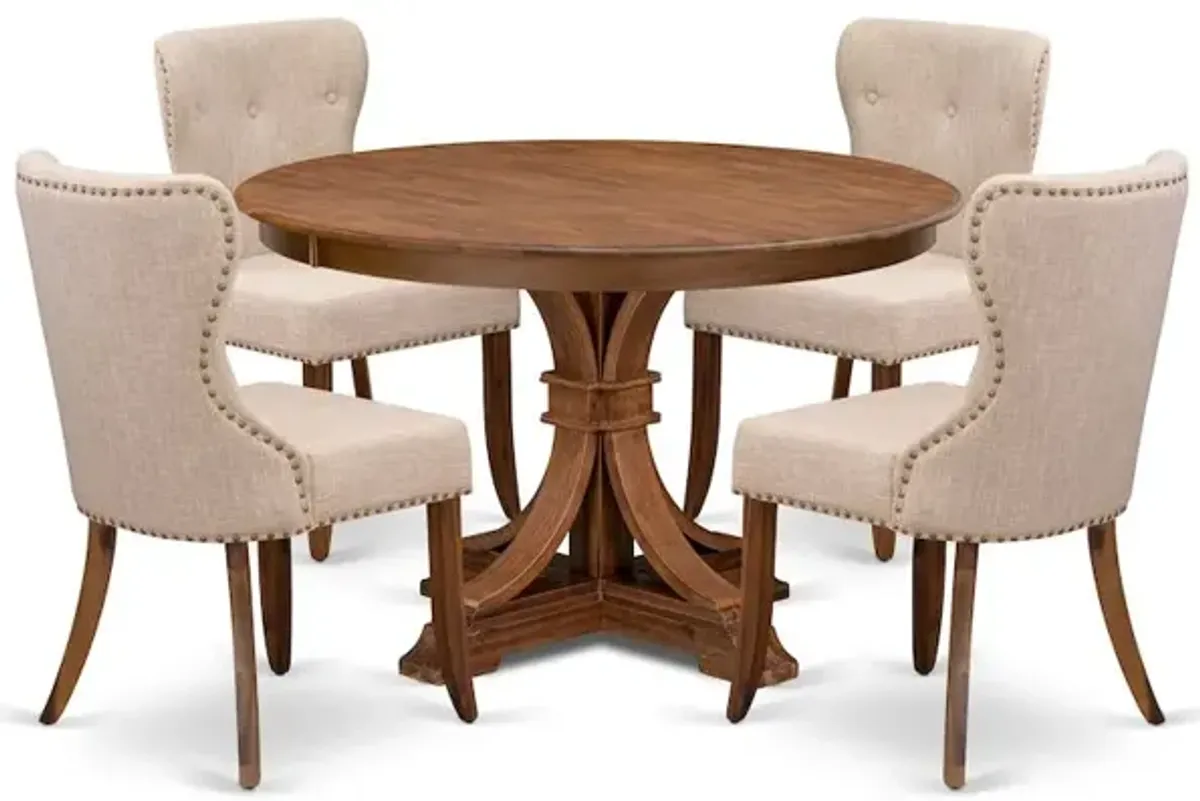 5-Pc Kitchen Set A Pedestal Wooden Round Table, 4 Light Tan Fabric Padded Chairs