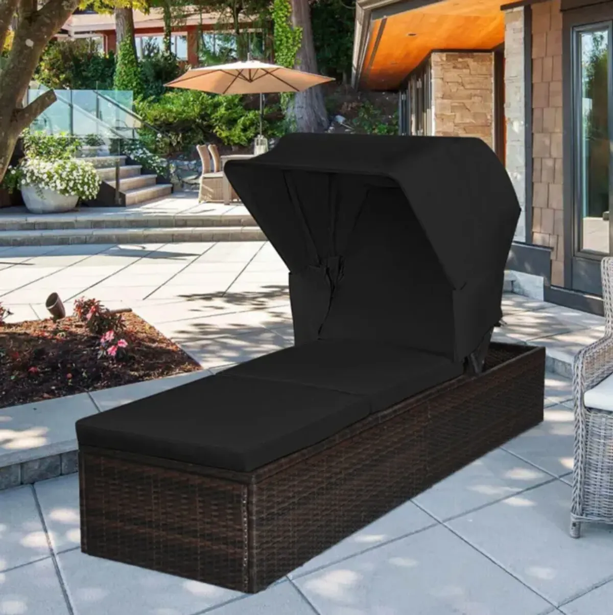 Hivvago Outdoor Adjustable Cushioned Chaise Lounge Chair with Folding Canopy