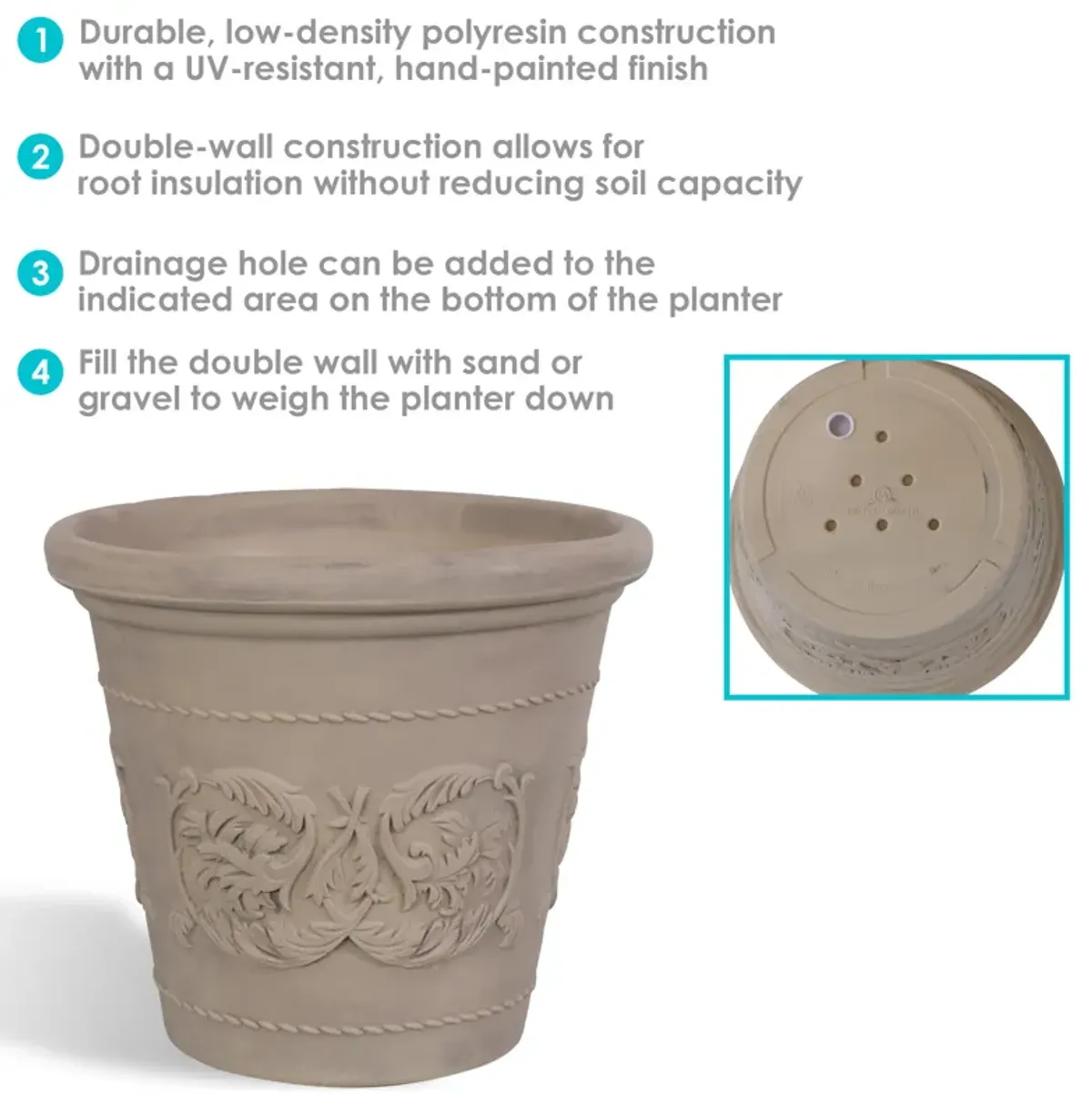 Sunnydaze Arabella Polyresin Planter with UV-Resistant Finish