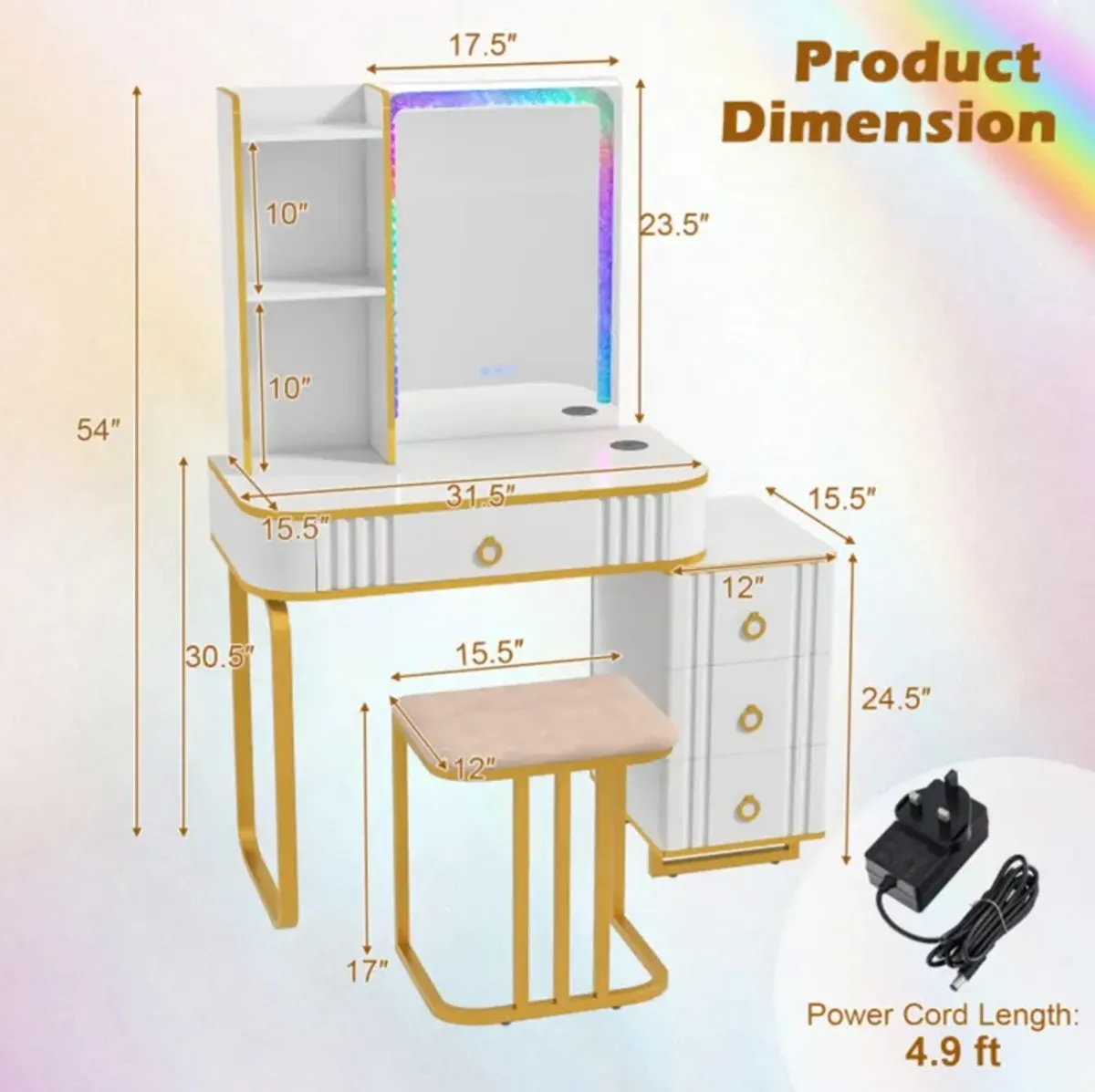 Hivvago Vanity Table Set with RGB LED Lights and Wireless Charging Station