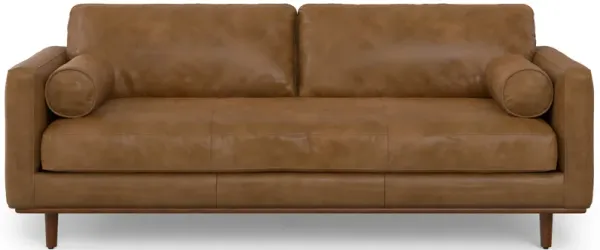 Morrison 89 inch Wide Mid-Century Modern Sofa in Caramel Brown Top Grain Genuine Leather