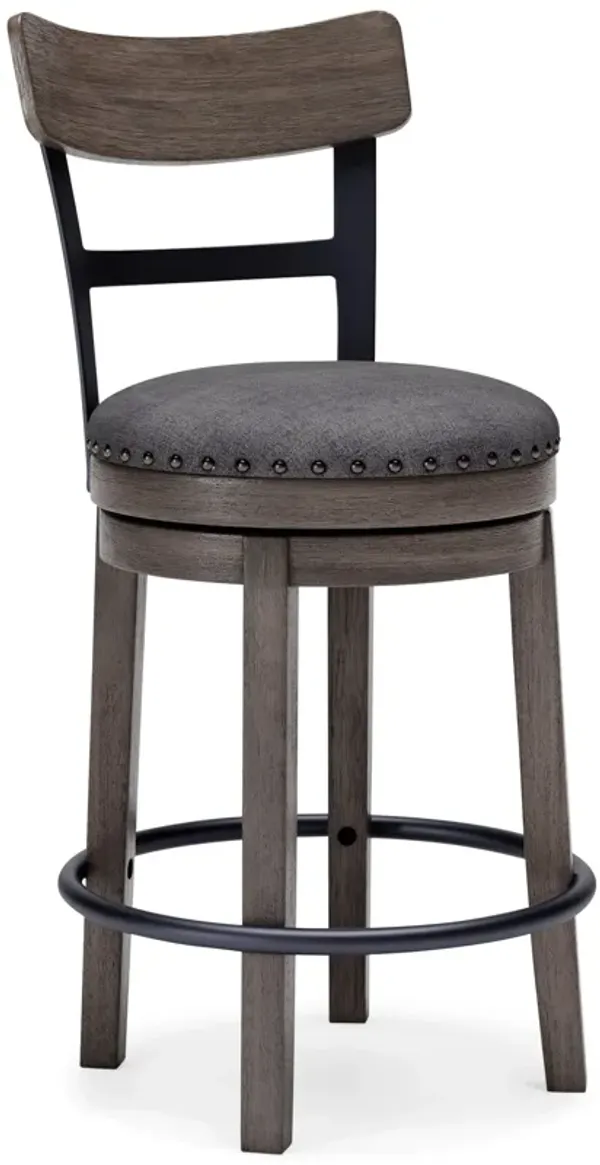 Swivel Barstool with Nailhead Trim and Curved Panel Back, Gray-Benzara