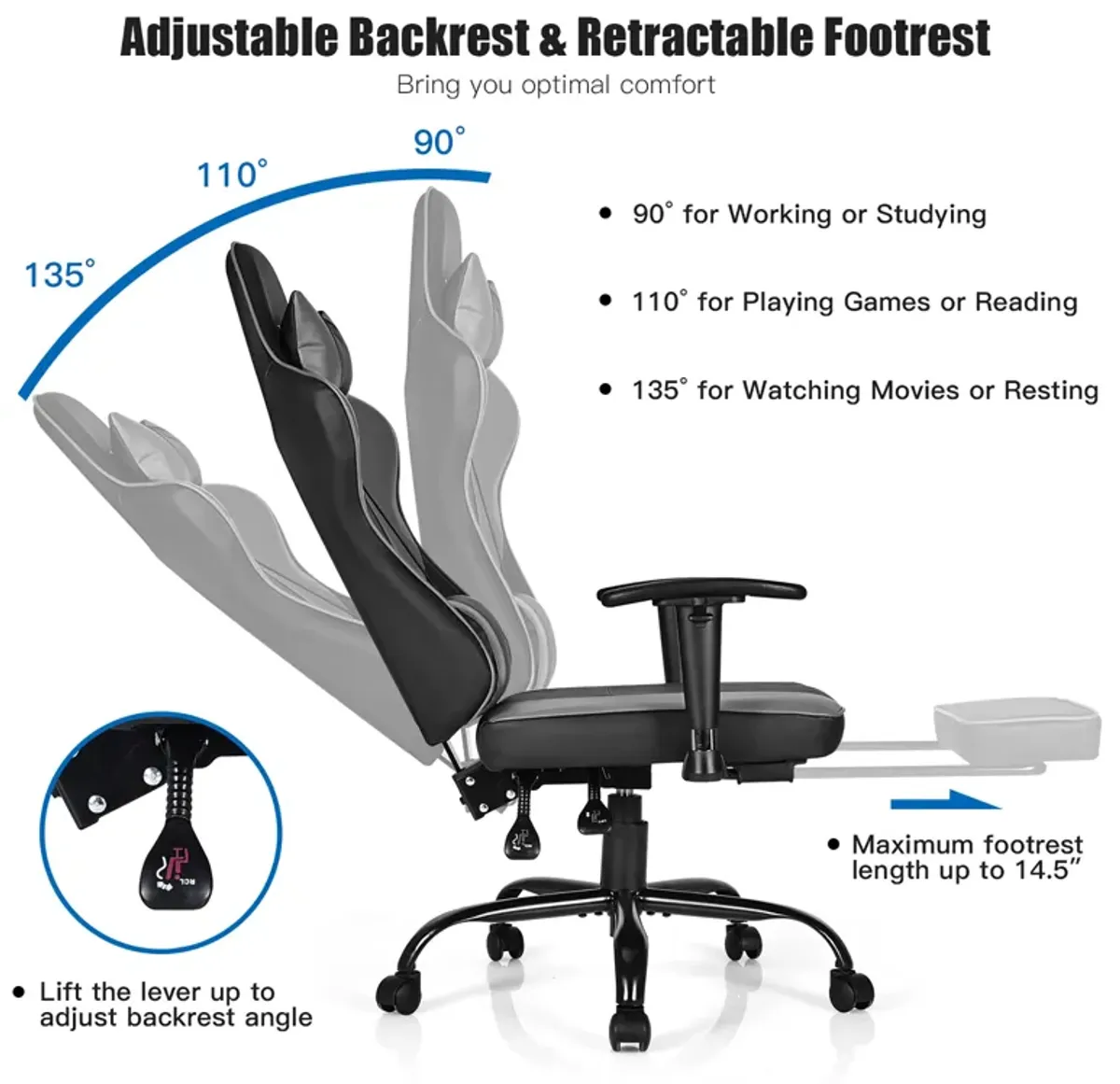 Costway Gaming Chair Racing High Back Office Chair w/ Footrest Black