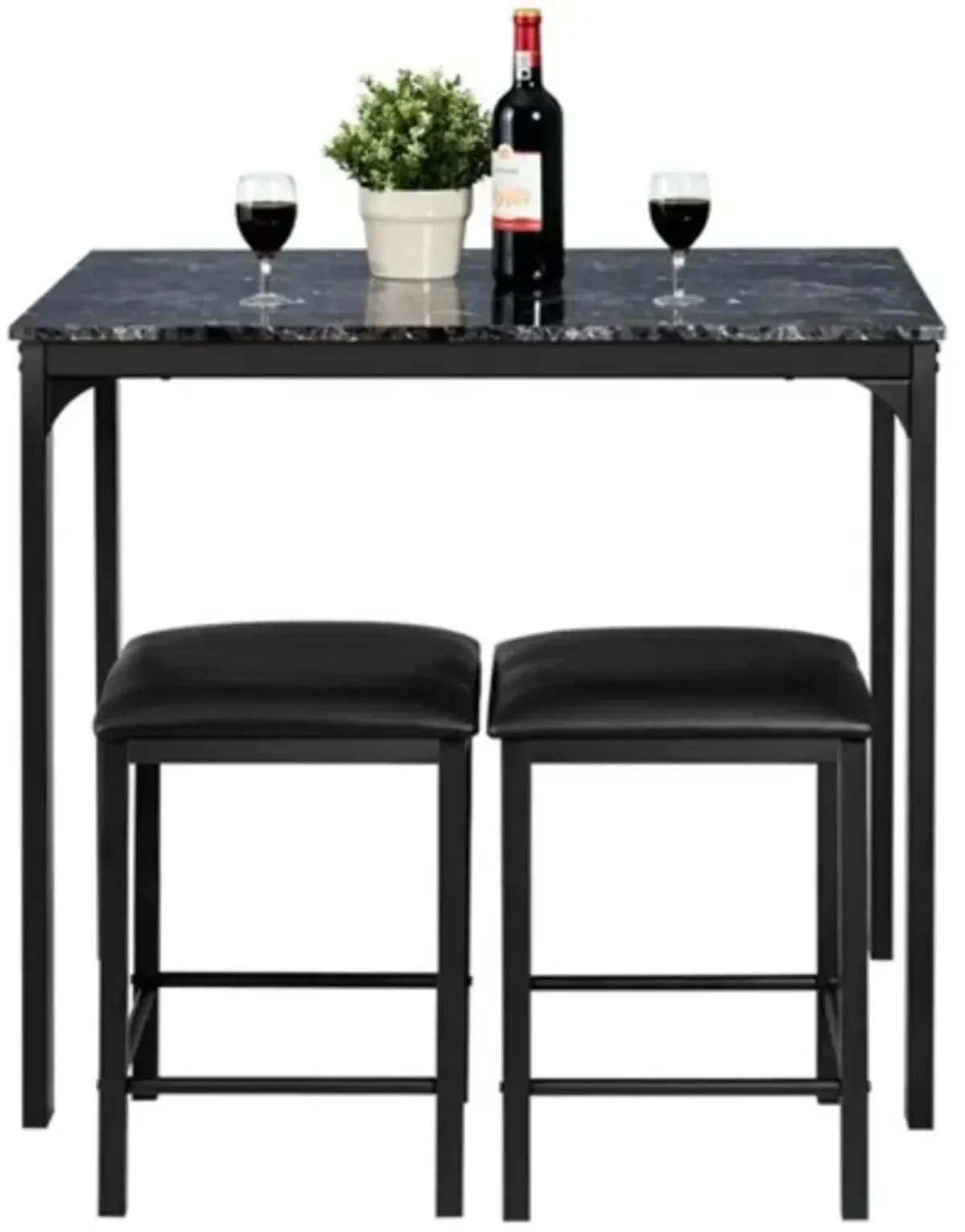 Hivvago Modern 3 Piece Dining Set Black Faux Marble Table Top and 2 Black Chairs Stools