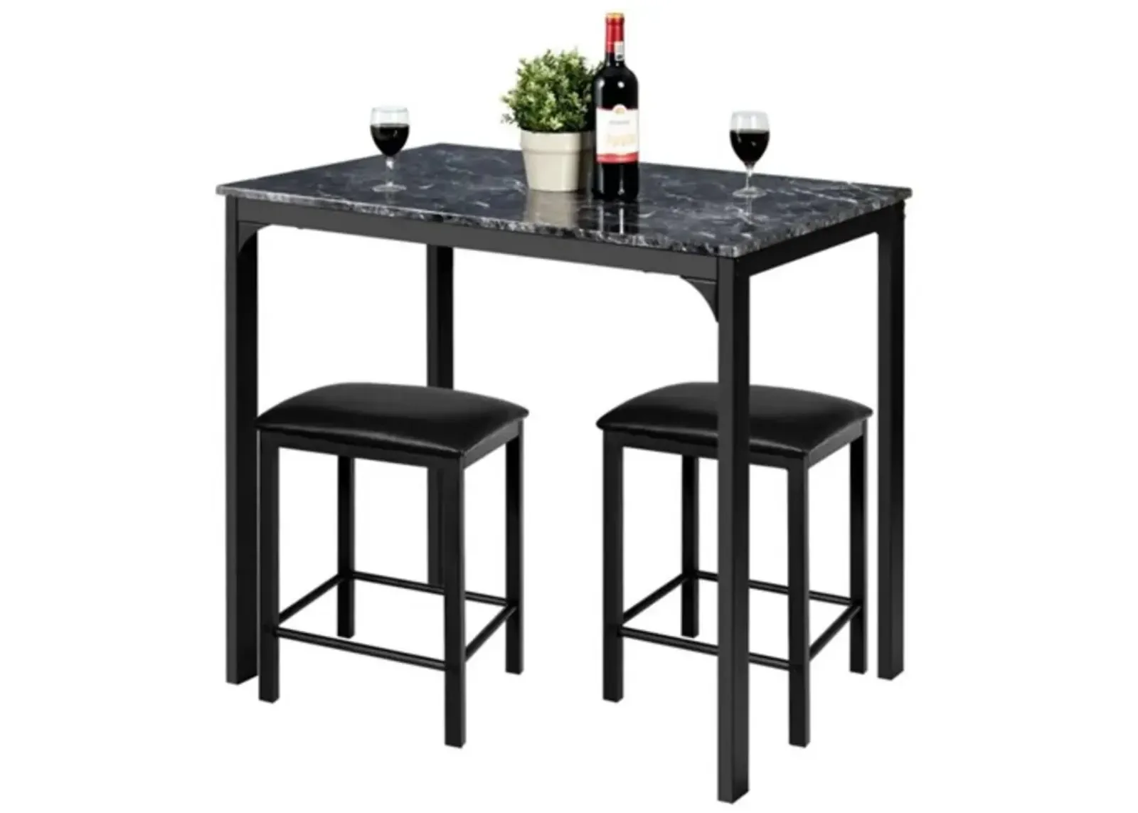 Hivvago Modern 3 Piece Dining Set Black Faux Marble Table Top and 2 Black Chairs Stools