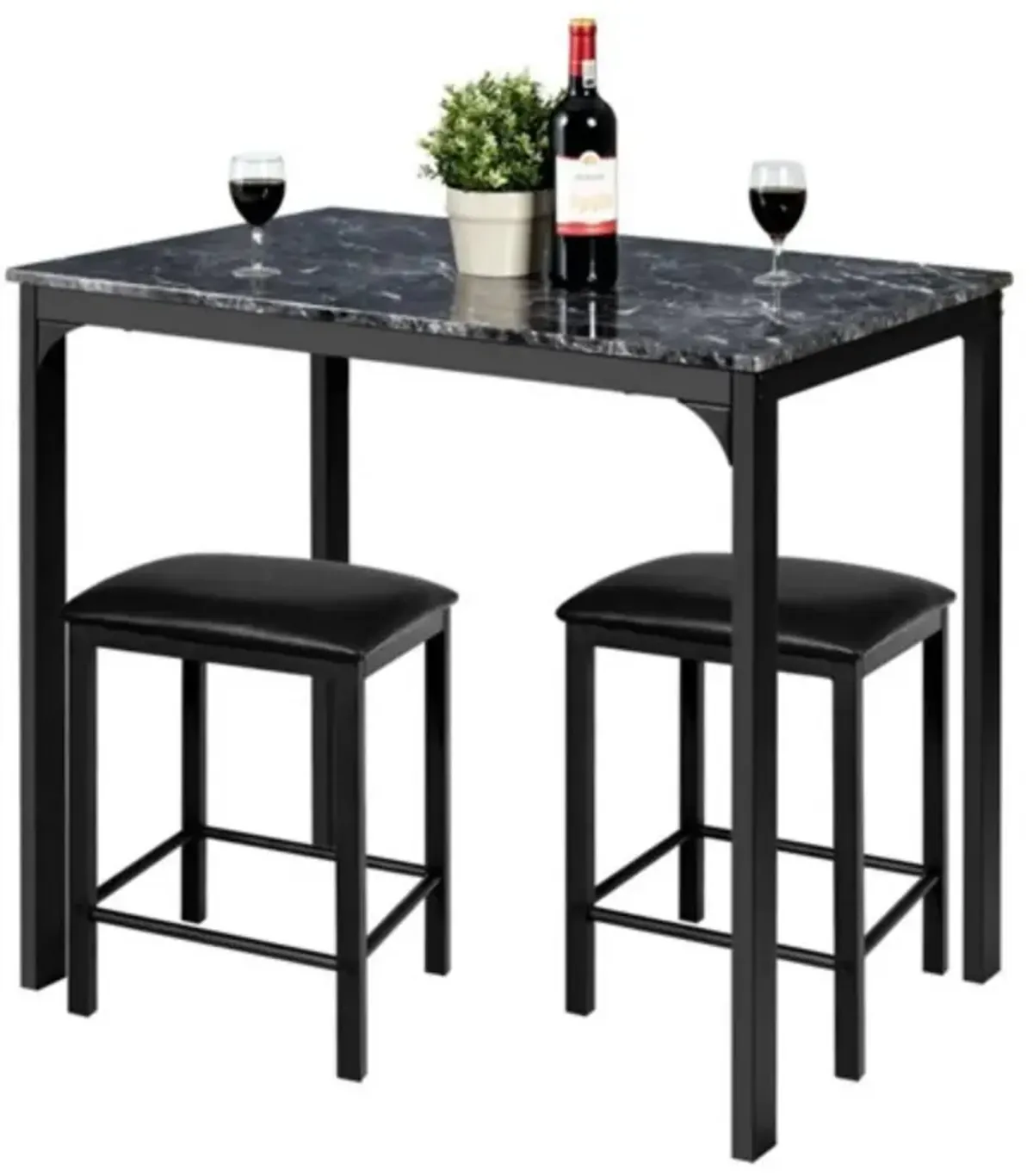 Hivvago Modern 3 Piece Dining Set Black Faux Marble Table Top and 2 Black Chairs Stools