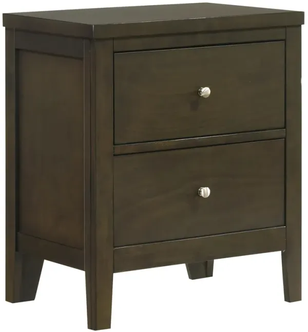 Wily Nightstand, Dark Brown Wood, 2 Drawers with Round Nickel Knobs - Benzara