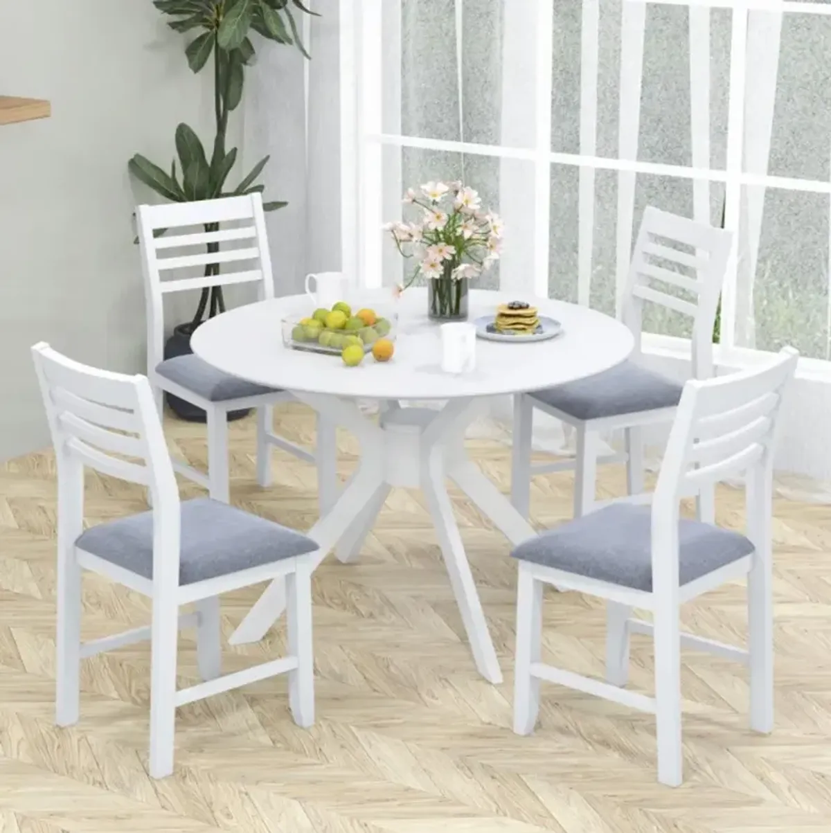 Wooden Dining Chair Set of 2 with Rubber Wood Frame and Padded Cushion