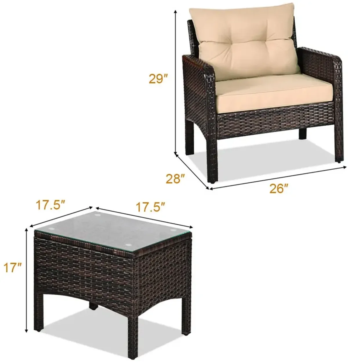 3 Pieces Outdoor Patio Rattan Conversation Set with Seat Cushions