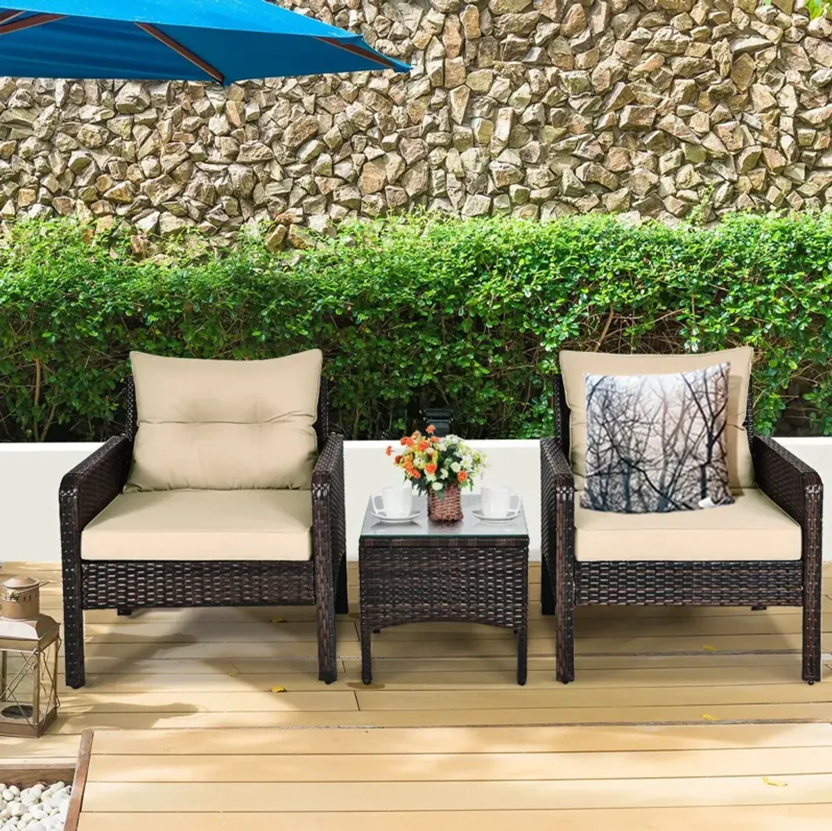 3 Pieces Outdoor Patio Rattan Conversation Set with Seat Cushions