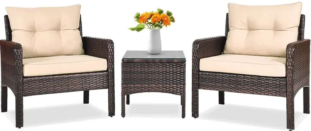 3 Pieces Outdoor Patio Rattan Conversation Set with Seat Cushions