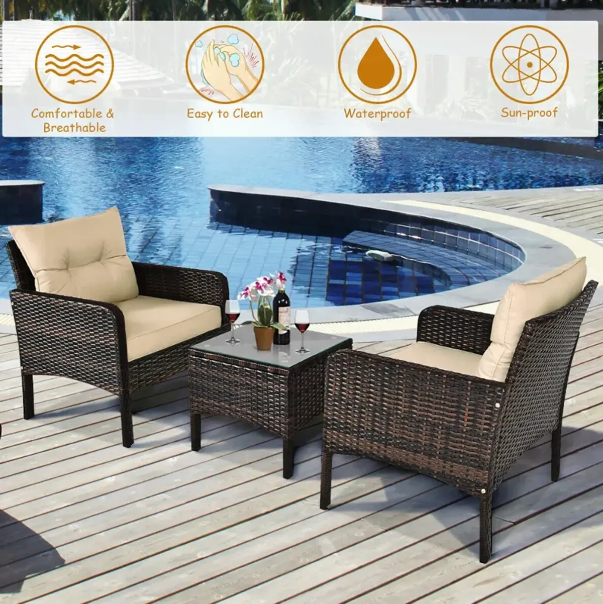 3 Pieces Outdoor Patio Rattan Conversation Set with Seat Cushions