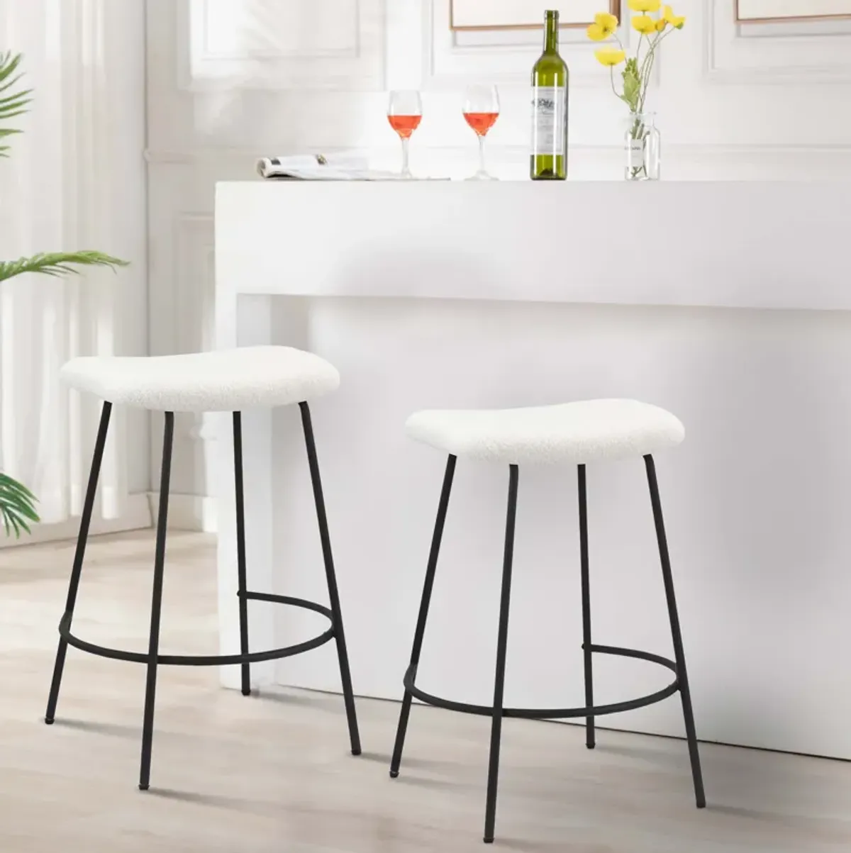 Ast 26 Inch Set of 2 Counter Height Stools, Saddle Seat, Black Metal, White - Benzara