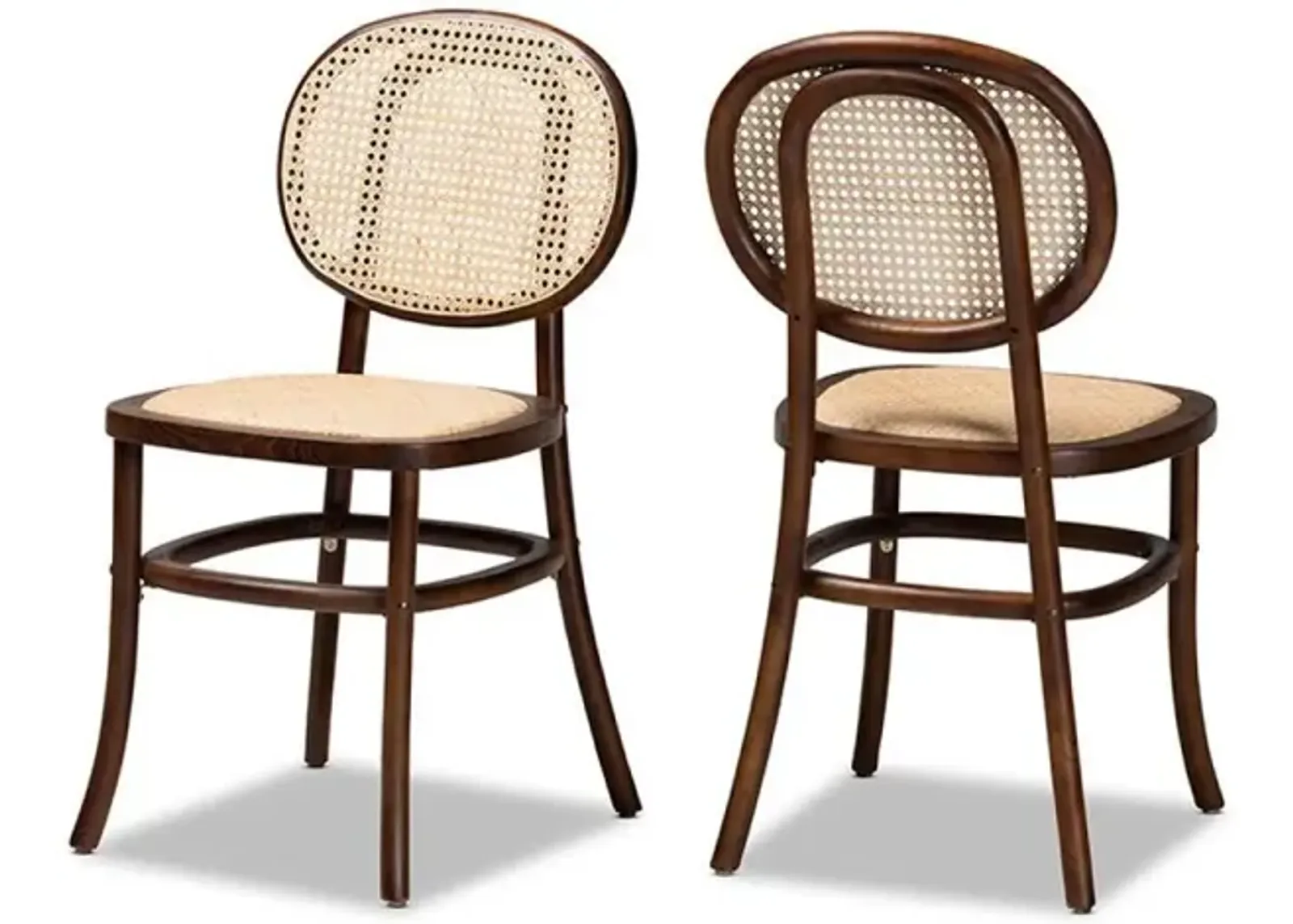 Brown Woven Rattan and Walnut Brown Wood 2-Piece Cane Dining Chair Set