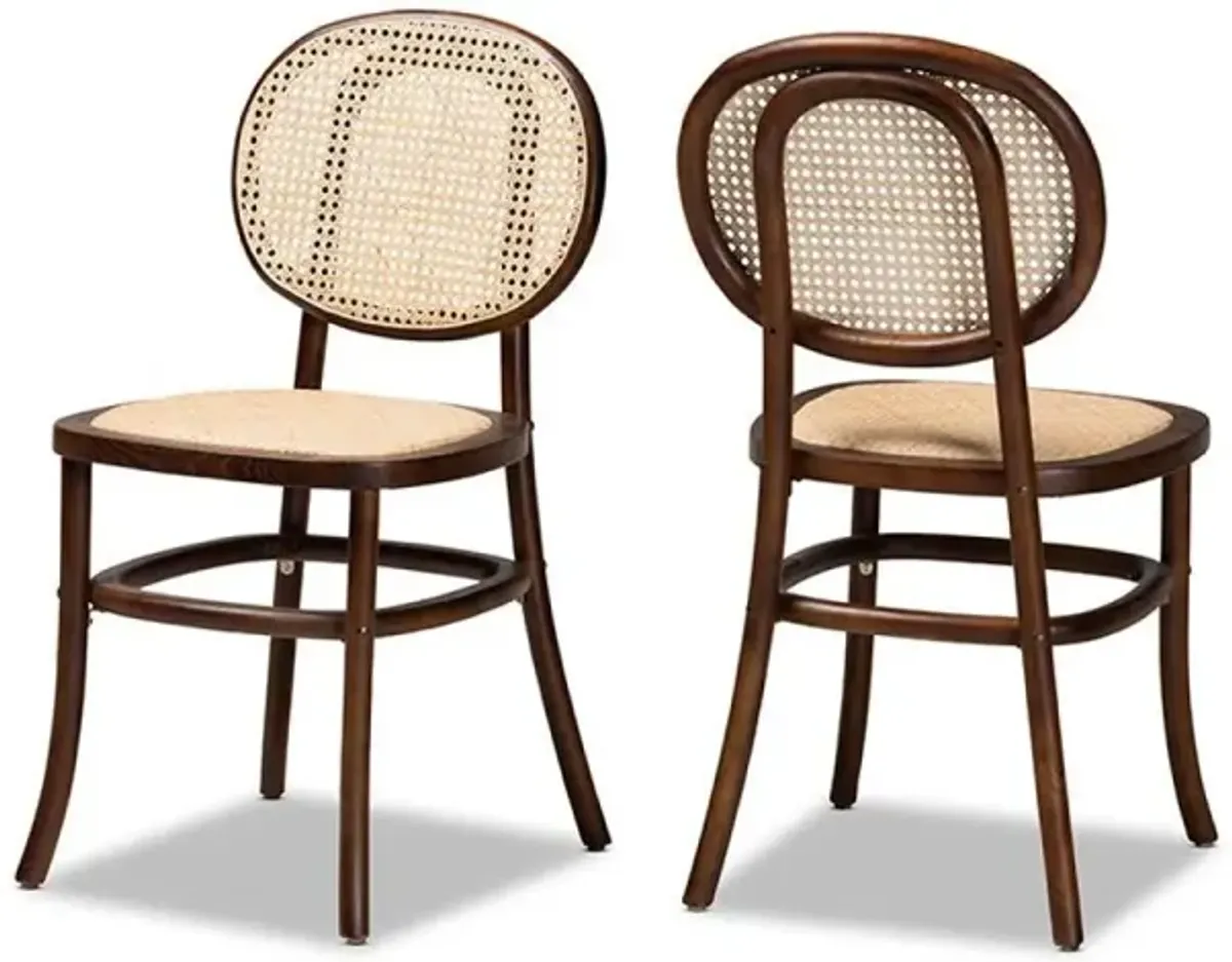 Brown Woven Rattan and Walnut Brown Wood 2-Piece Cane Dining Chair Set