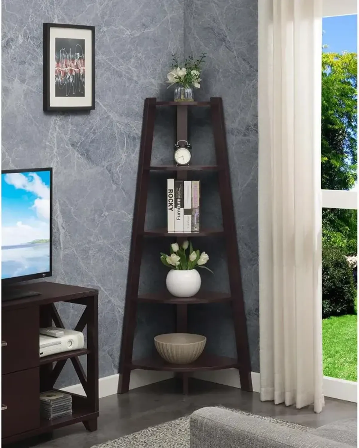 Convenience Concepts Newport 5 Tier Wide Corner Bookcase, Espresso